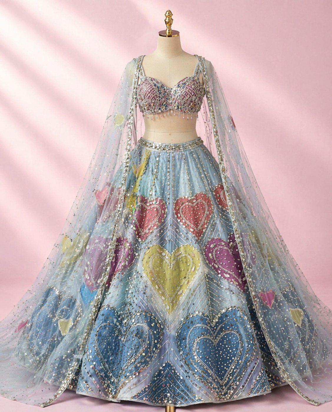 Pastel Heart Embroidered Bridal Lehenga with Intricate Stone & Bead Work