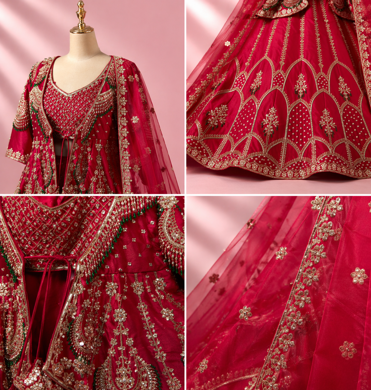 Fuchsia Red Bridal Garara with Peplum Top with Intricate Gold Embroidery, Stone & Bead Work