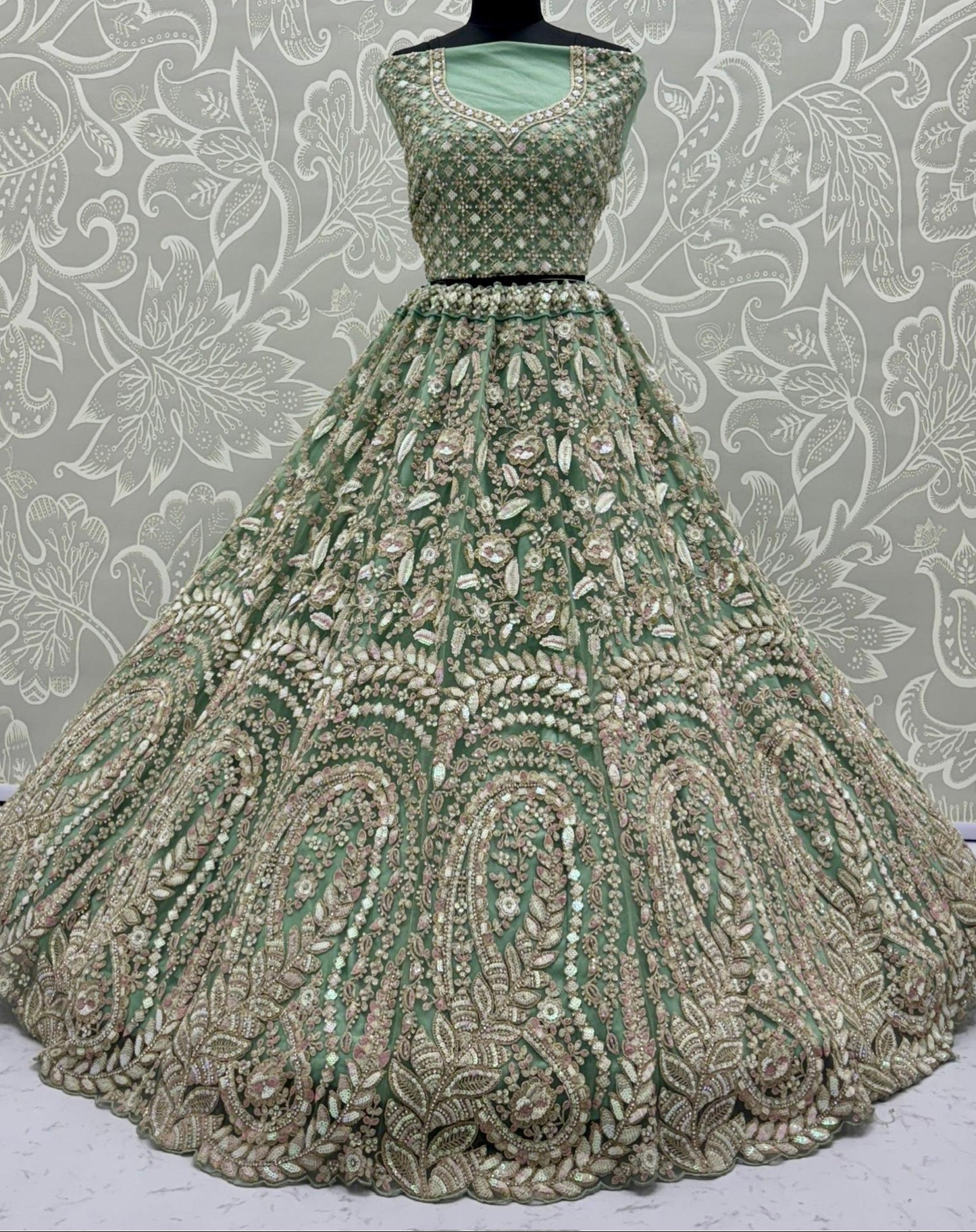 Sage Green Sequin & Dori Embroidered Lehenga
