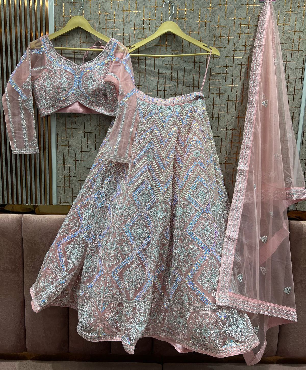 Peach Pink Lehenga with Periwinkle Blue Embellishment β Luxe Bridal & Occasion Wear