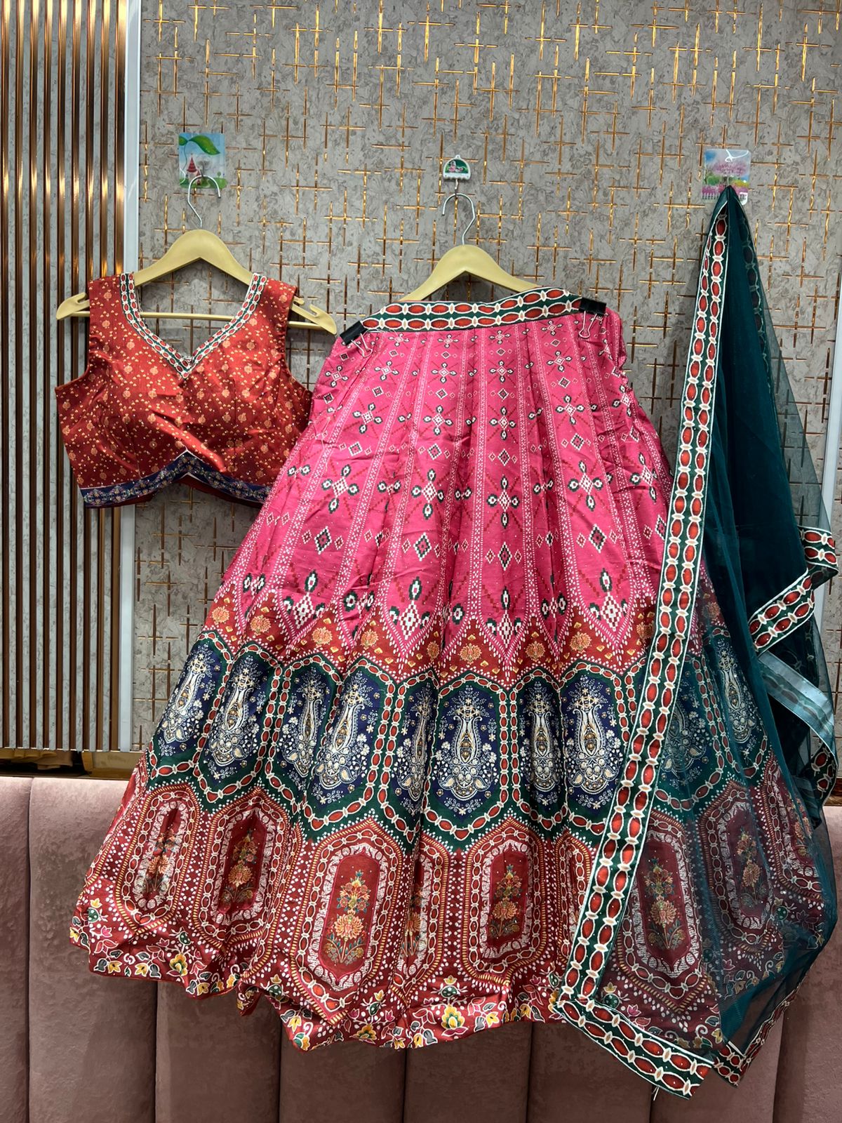 Pink Paisley Royale Lehenga Set with Teal & Red Accents