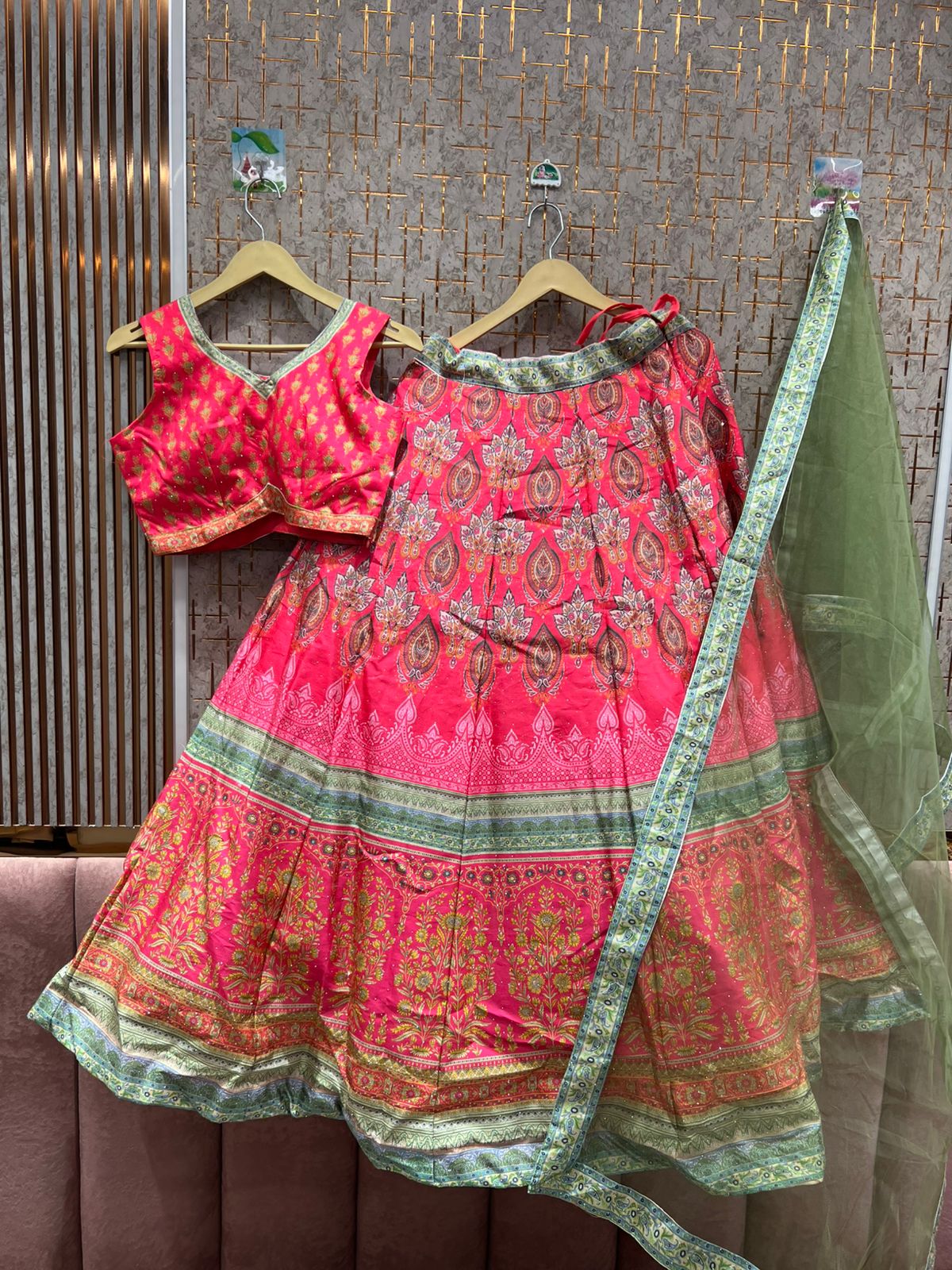 Pink & Sage Garden Luxe Lehenga Set with Gold Accents