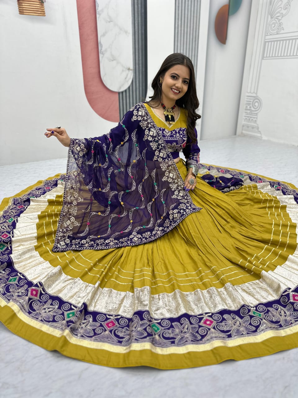 Green/ Mustard and Black Pure Cotton Lehenga Choli Set with 6-Meter Flair & Georgette Dupatta