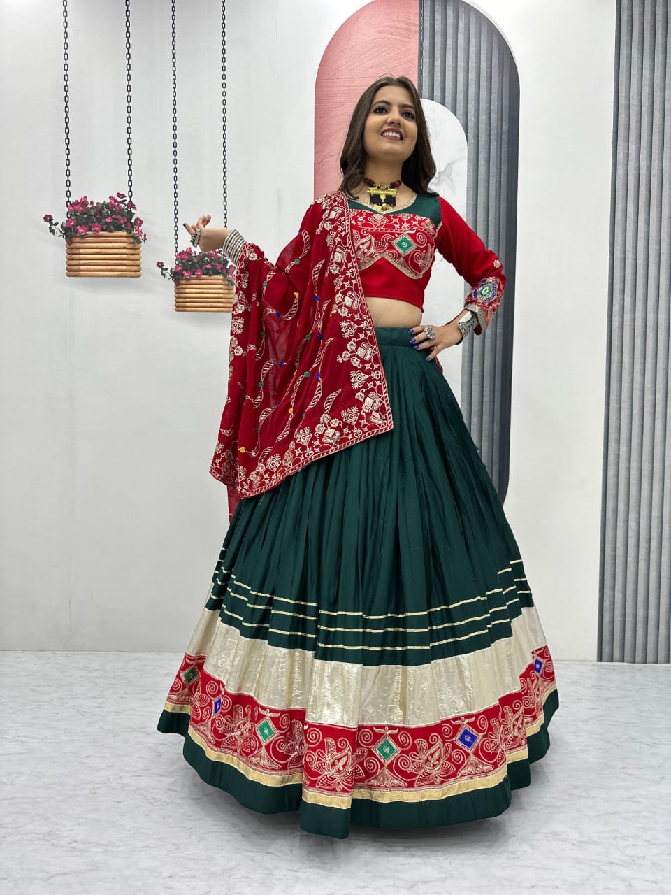 Green/ Mustard and Black Pure Cotton Lehenga Choli Set with 6-Meter Flair & Georgette Dupatta