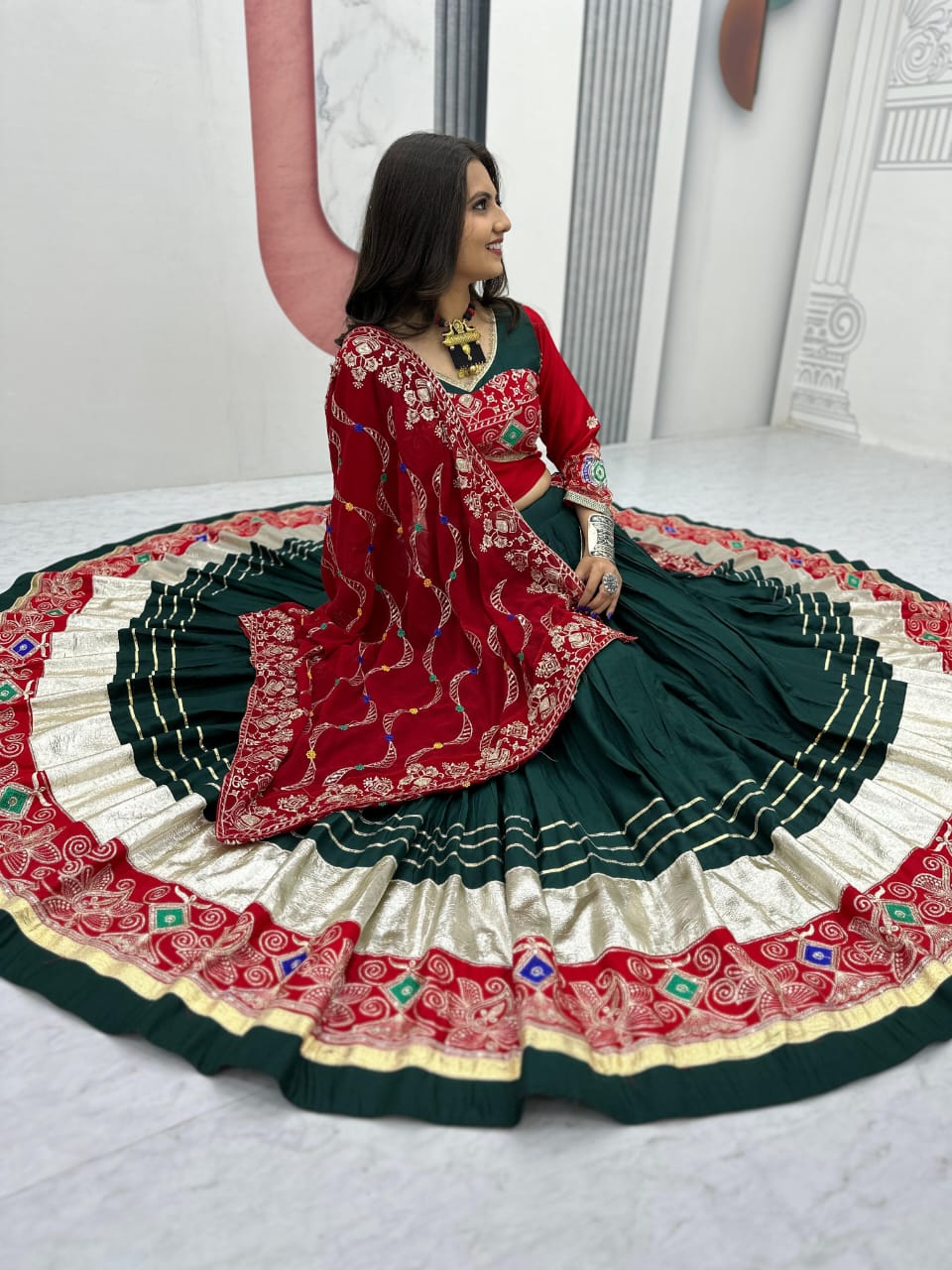 Green/ Mustard and Black Pure Cotton Lehenga Choli Set with 6-Meter Flair & Georgette Dupatta