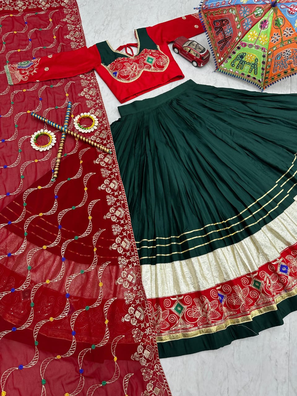 Green/ Mustard and Black Pure Cotton Lehenga Choli Set with 6-Meter Flair & Georgette Dupatta