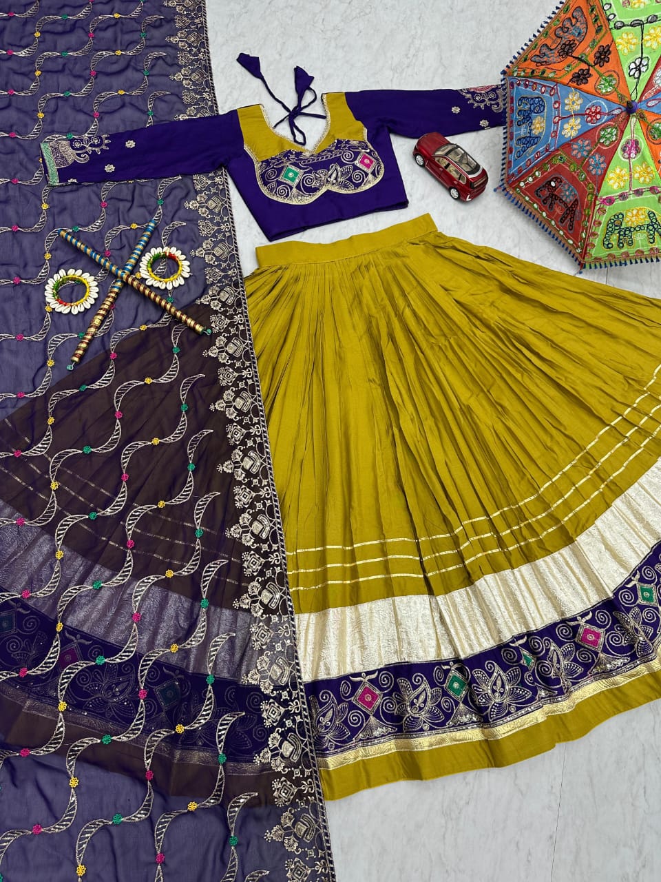 Green/ Mustard and Black Pure Cotton Lehenga Choli Set with 6-Meter Flair & Georgette Dupatta