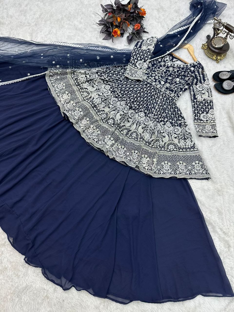 Dark Blue Embroidered Lehenga Set with Net Dupatta