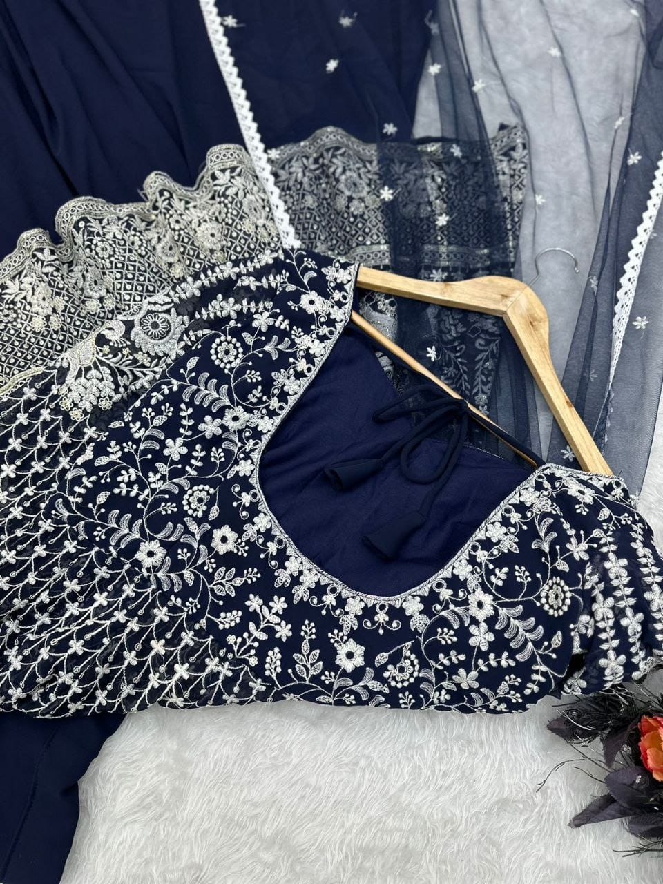 Dark Blue Embroidered Lehenga Set with Net Dupatta