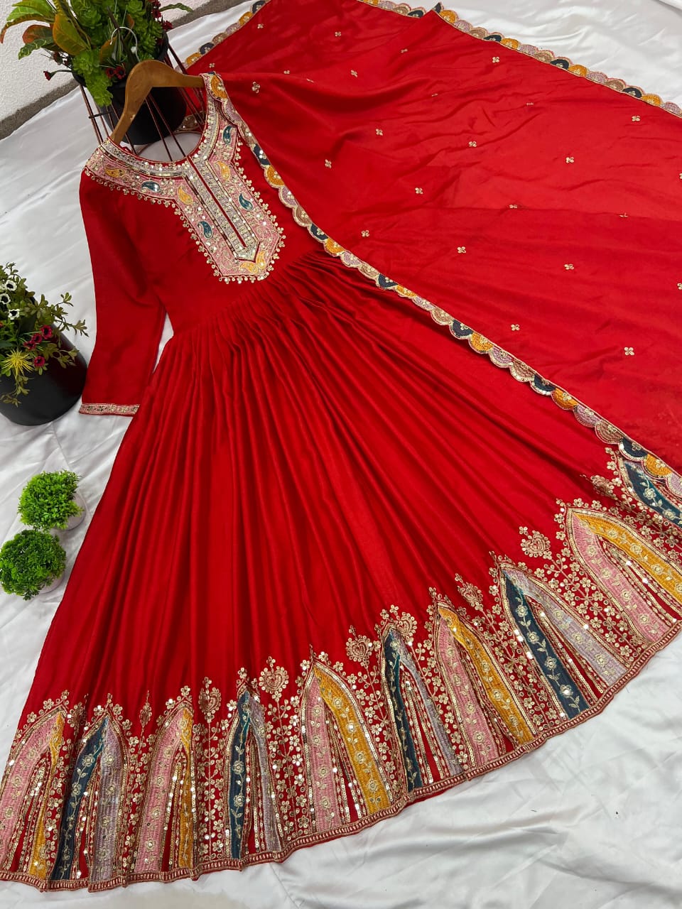 Silk Embroidered Anarkali Gown-Available in Red, White, Black and Purple