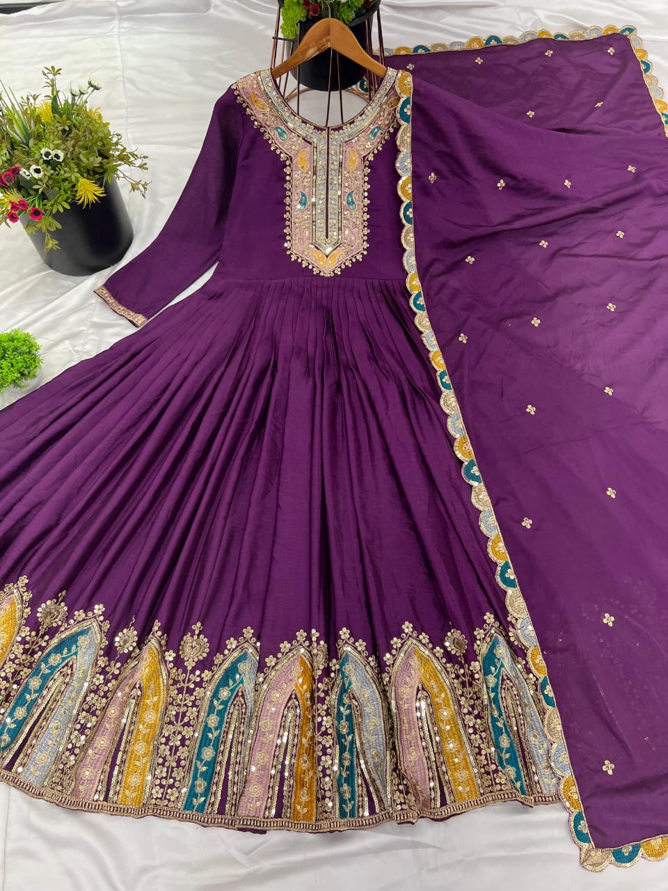 Silk Embroidered Anarkali Gown-Available in Red, White, Black and Purple