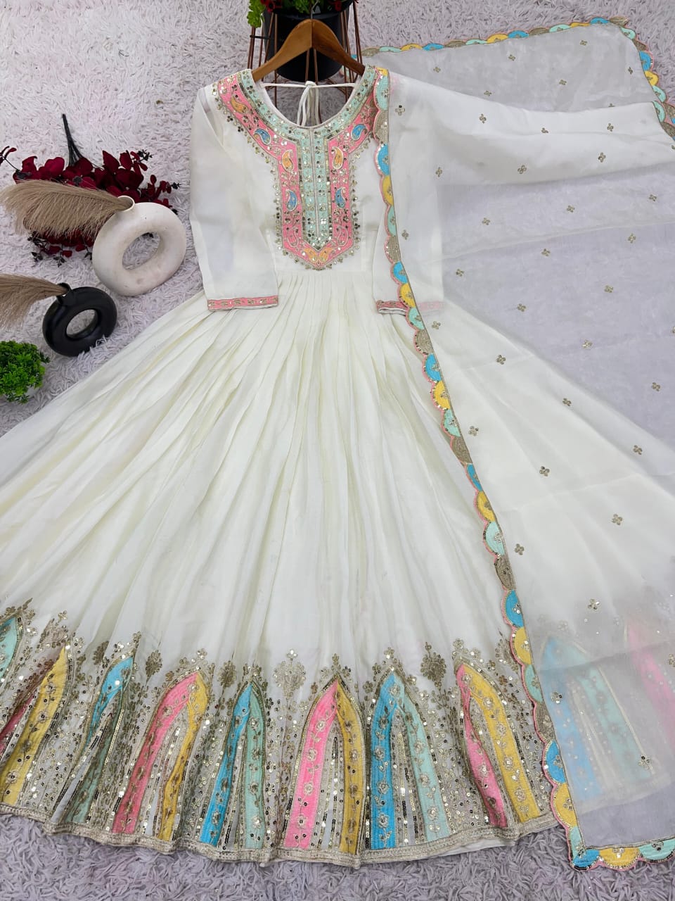Silk Embroidered Anarkali Gown-Available in Red, White, Black and Purple