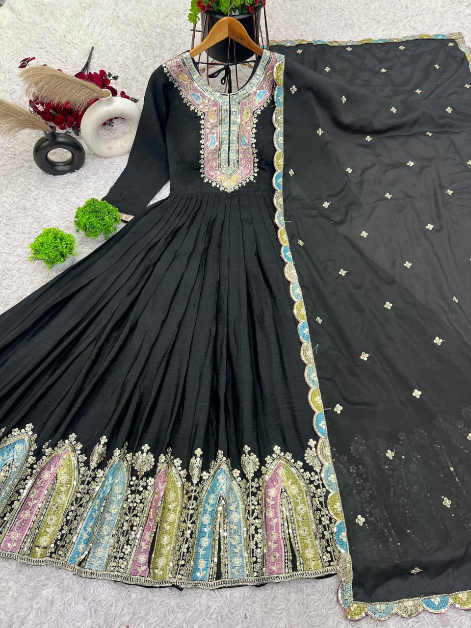 Silk Embroidered Anarkali Gown-Available in Red, White, Black and Purple