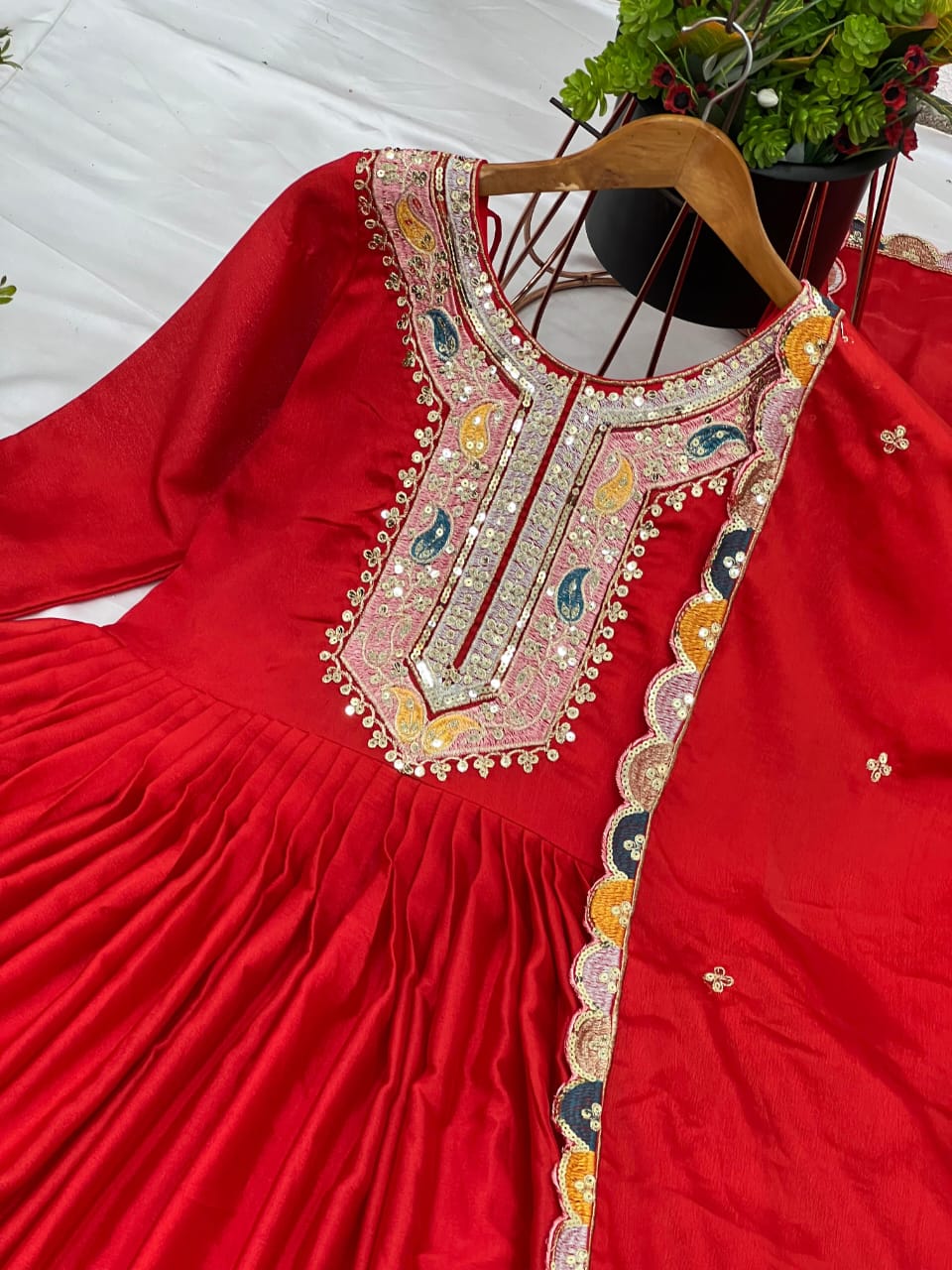 Silk Embroidered Anarkali Gown-Available in Red, White, Black and Purple