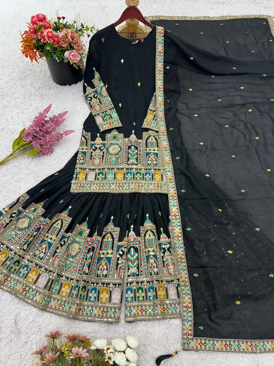 Pure Chinon Green or Black Silk Embroidered Palazzo Set with Dupatta – Fully Stitched (XS to XXL)