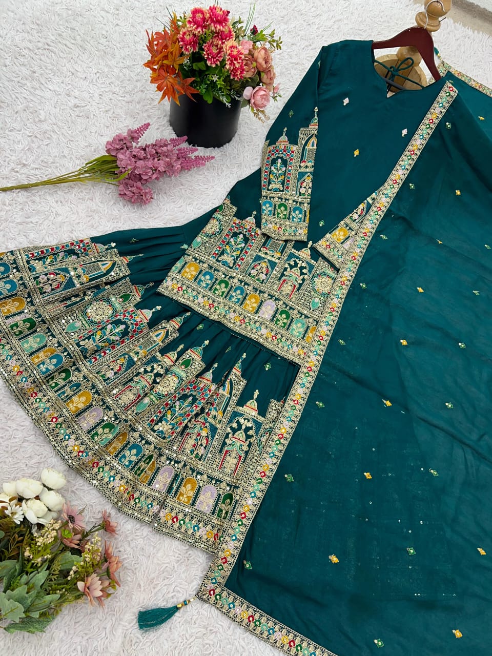 Pure Chinon Green or Black Silk Embroidered Palazzo Set with Dupatta – Fully Stitched (XS to XXL)