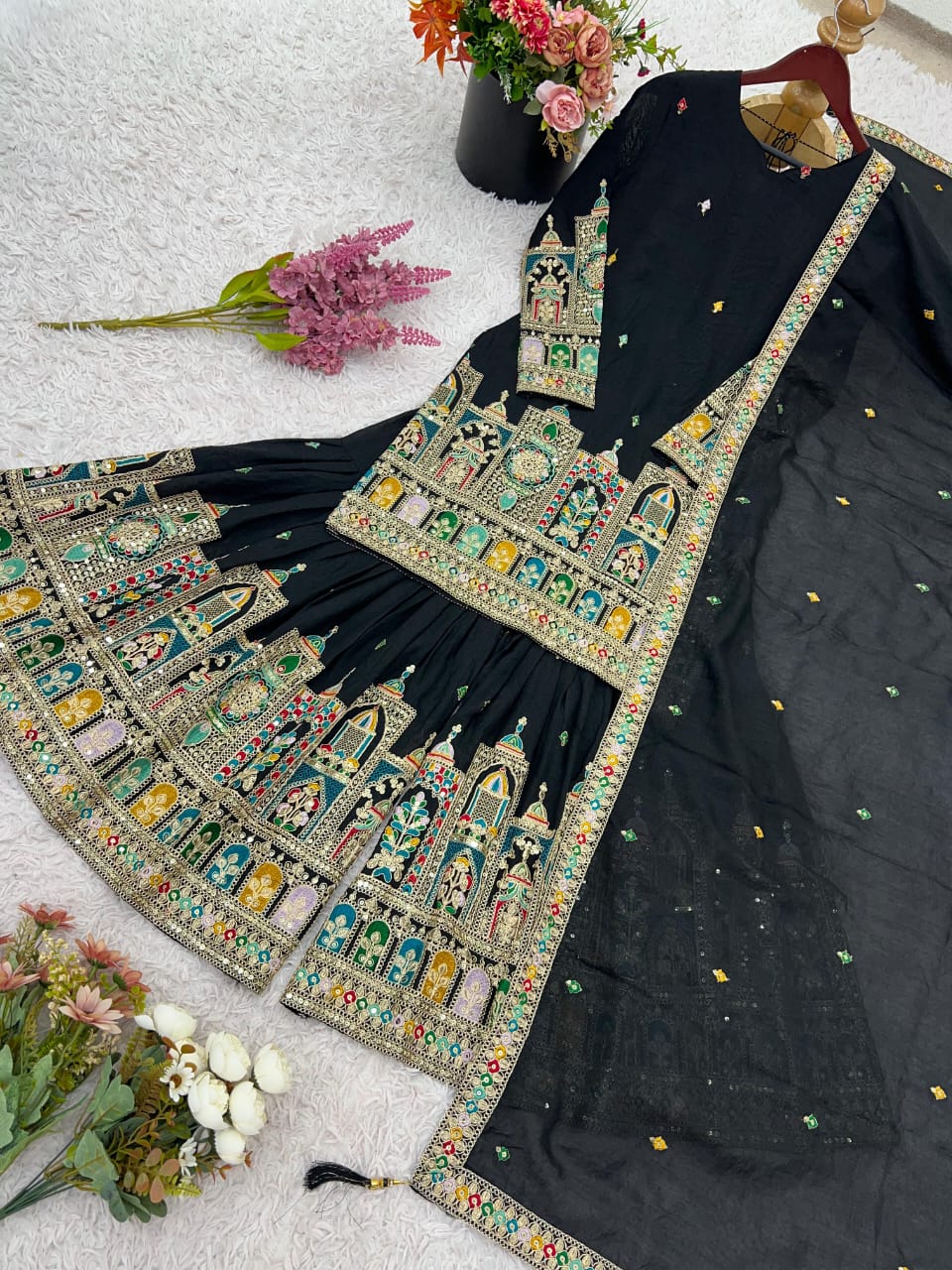 Pure Chinon Green or Black Silk Embroidered Palazzo Set with Dupatta – Fully Stitched (XS to XXL)