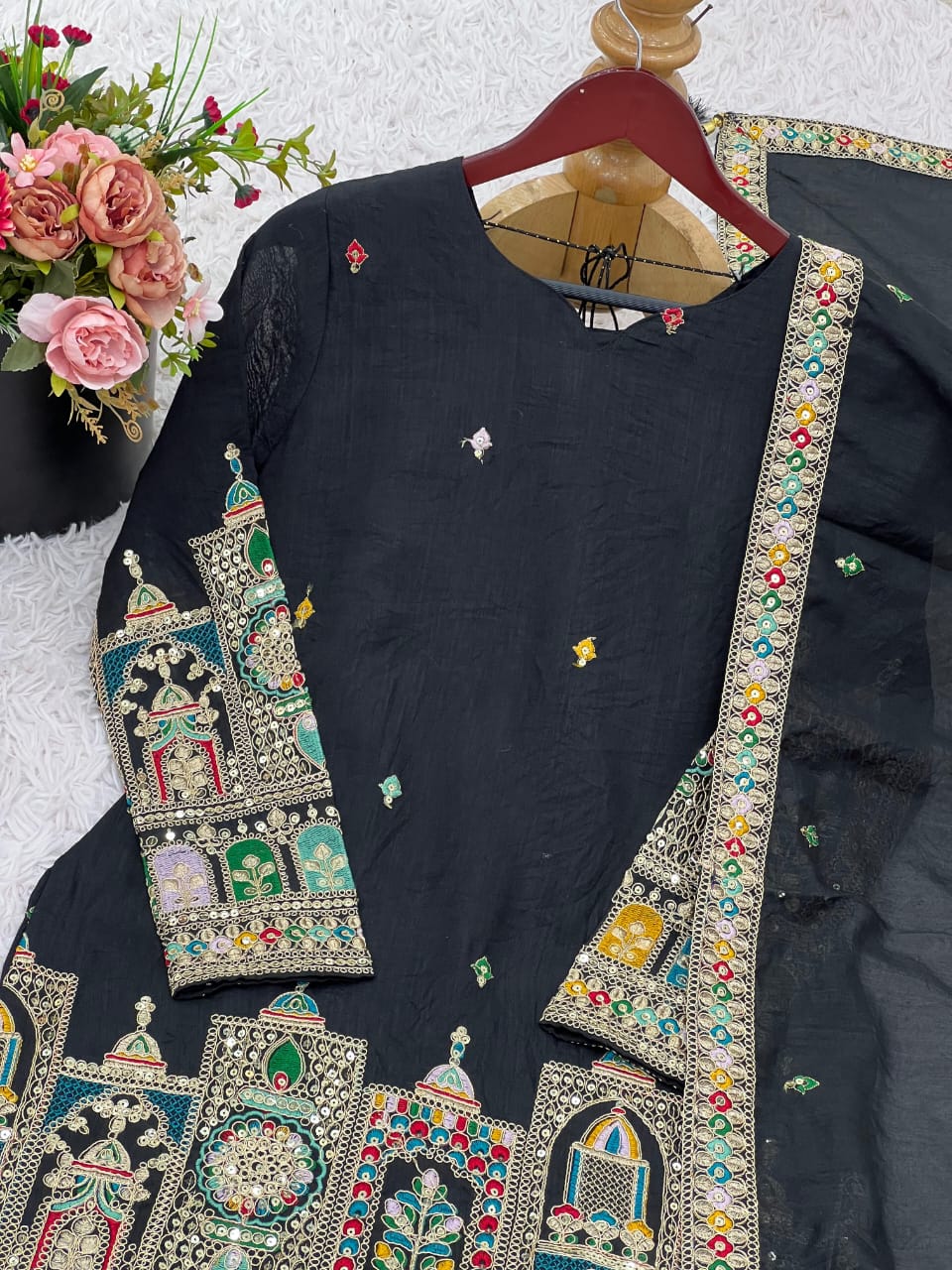 Pure Chinon Green or Black Silk Embroidered Palazzo Set with Dupatta – Fully Stitched (XS to XXL)