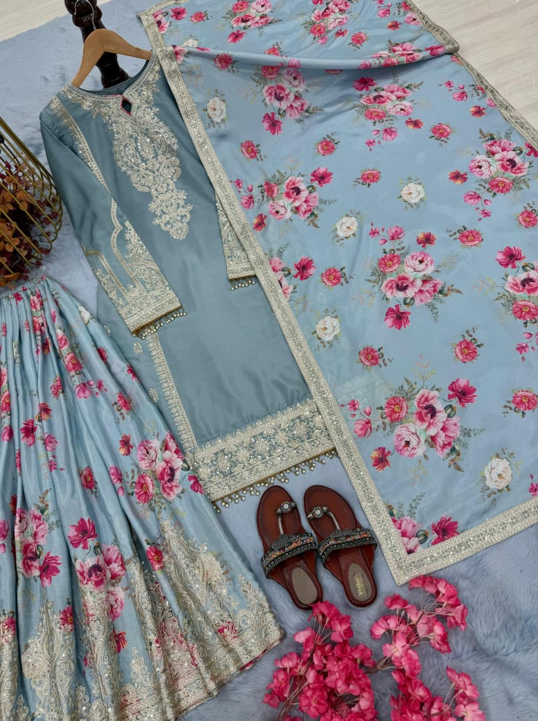 Designer Chinon Silk Palazzo Set with Embroidered Dupatta – Fully Stitched (XS to XXL)