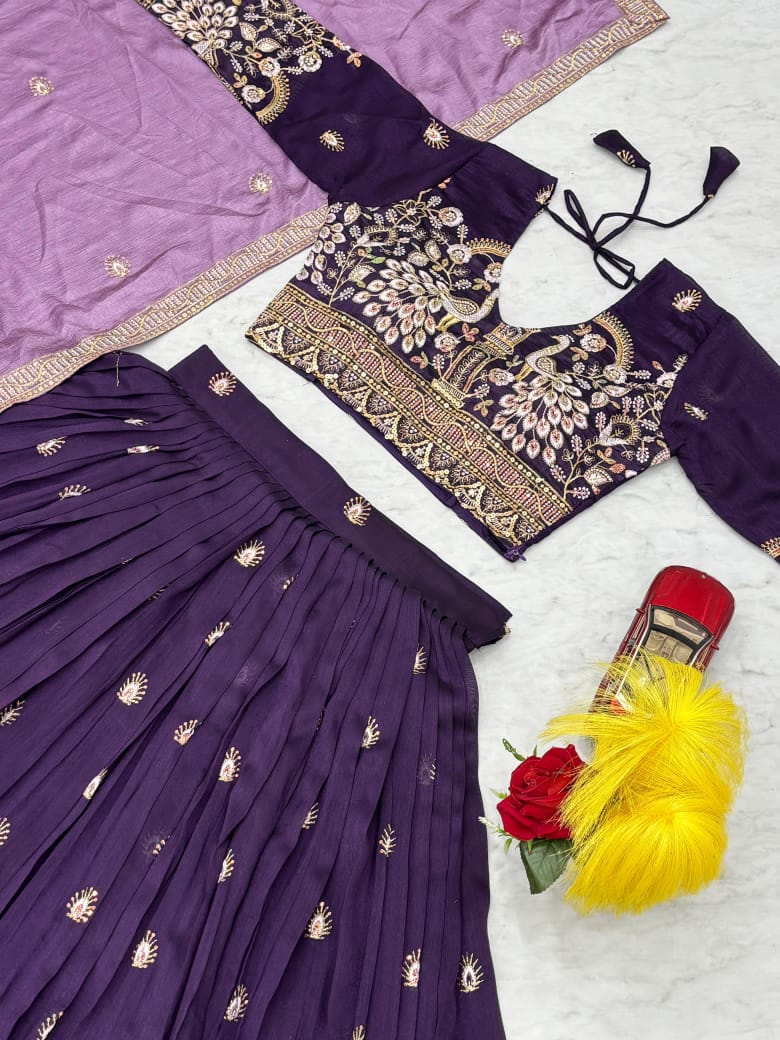 Purple Silk Embroidered Lehenga Choli with Dupatta – Fully Stitched (Sizes S to 2XL)