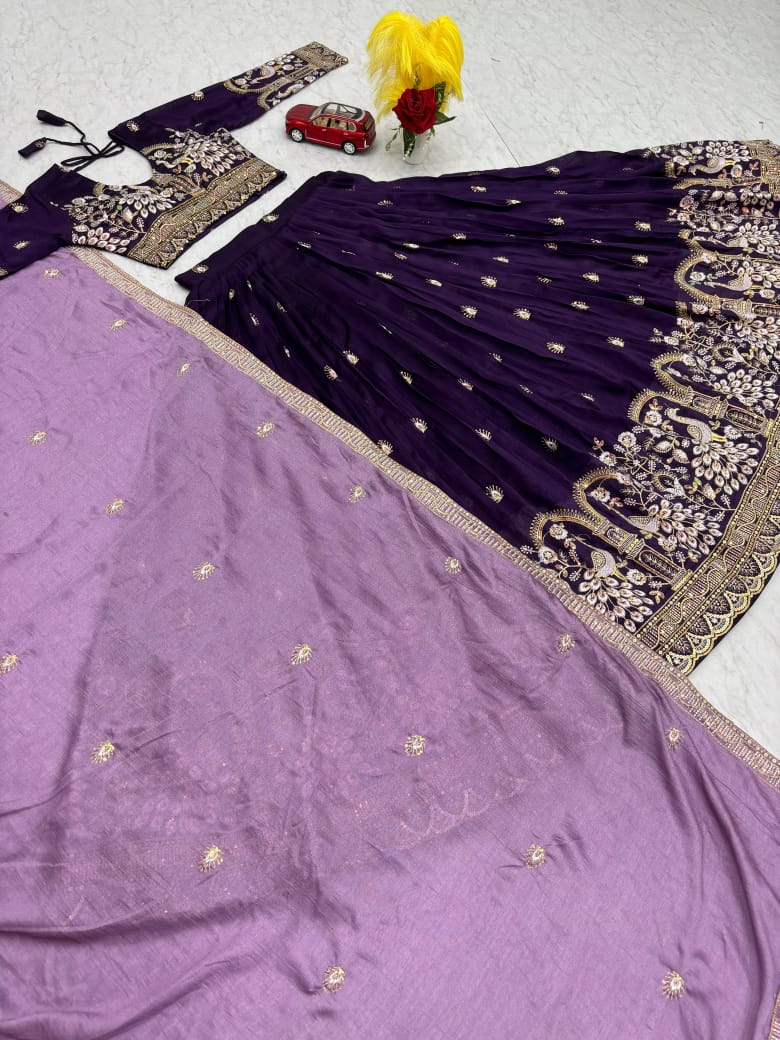 Purple Silk Embroidered Lehenga Choli with Dupatta – Fully Stitched (Sizes S to 2XL)
