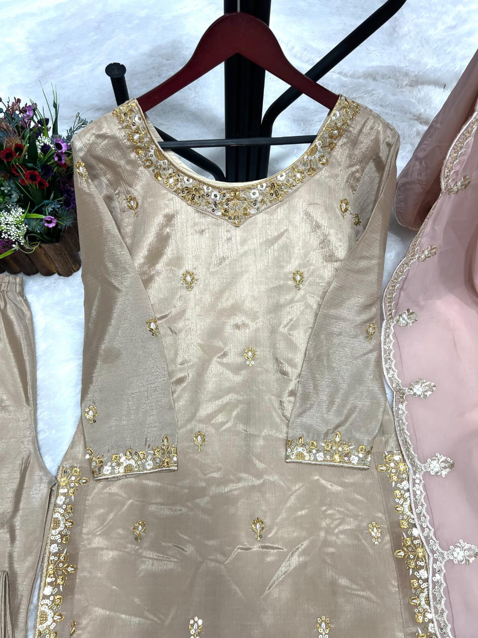Gold Silk Embroidered Kurti Set with Palazzo Pants – Fully Stitched (Sizes S to XXL)