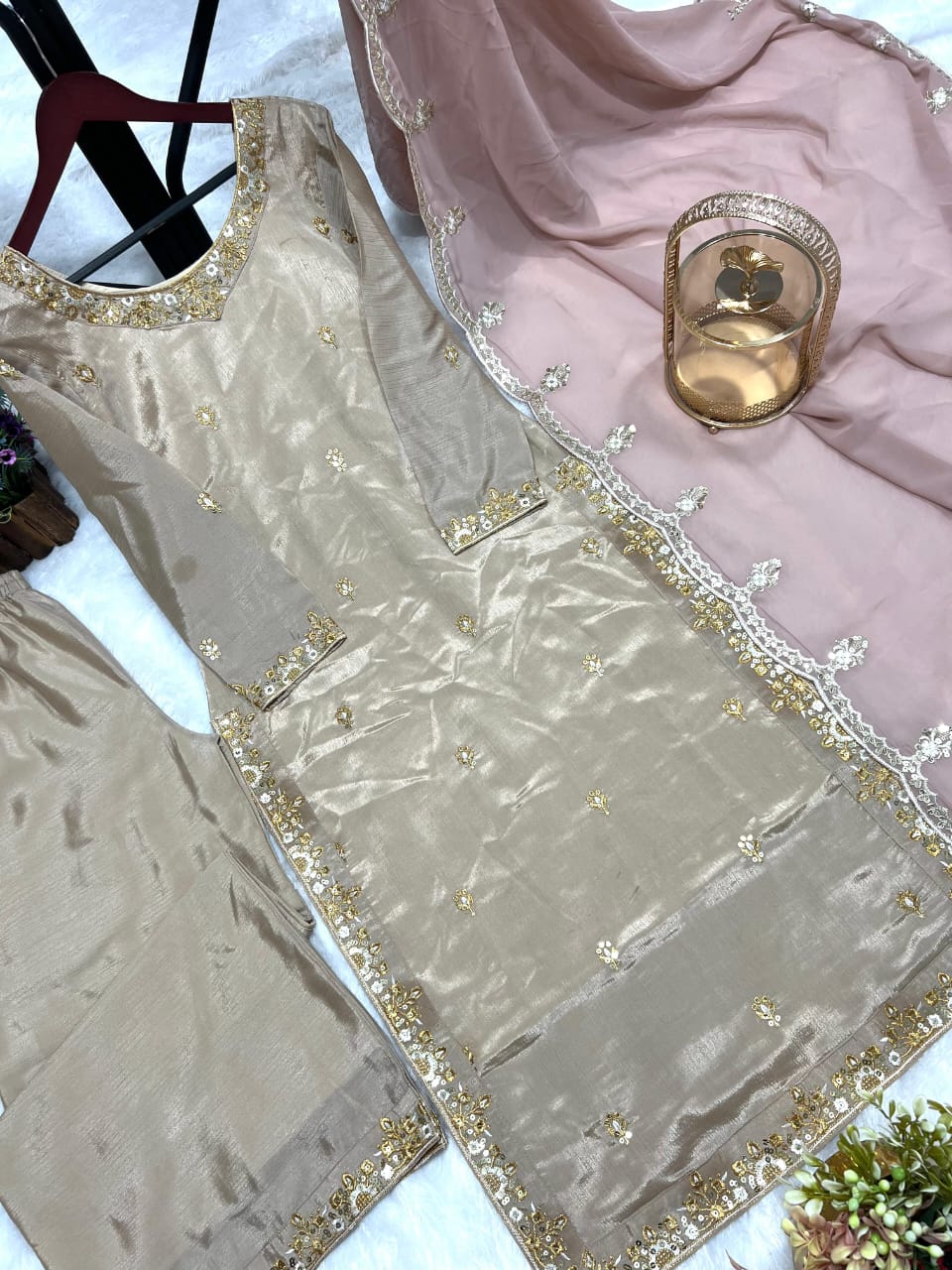 Gold Silk Embroidered Kurti Set with Palazzo Pants – Fully Stitched (Sizes S to XXL)