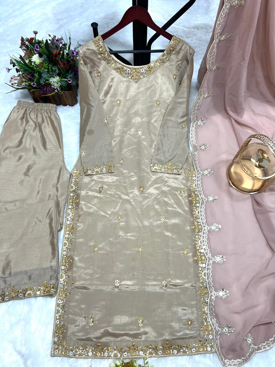 Gold Silk Embroidered Kurti Set with Palazzo Pants – Fully Stitched (Sizes S to XXL)