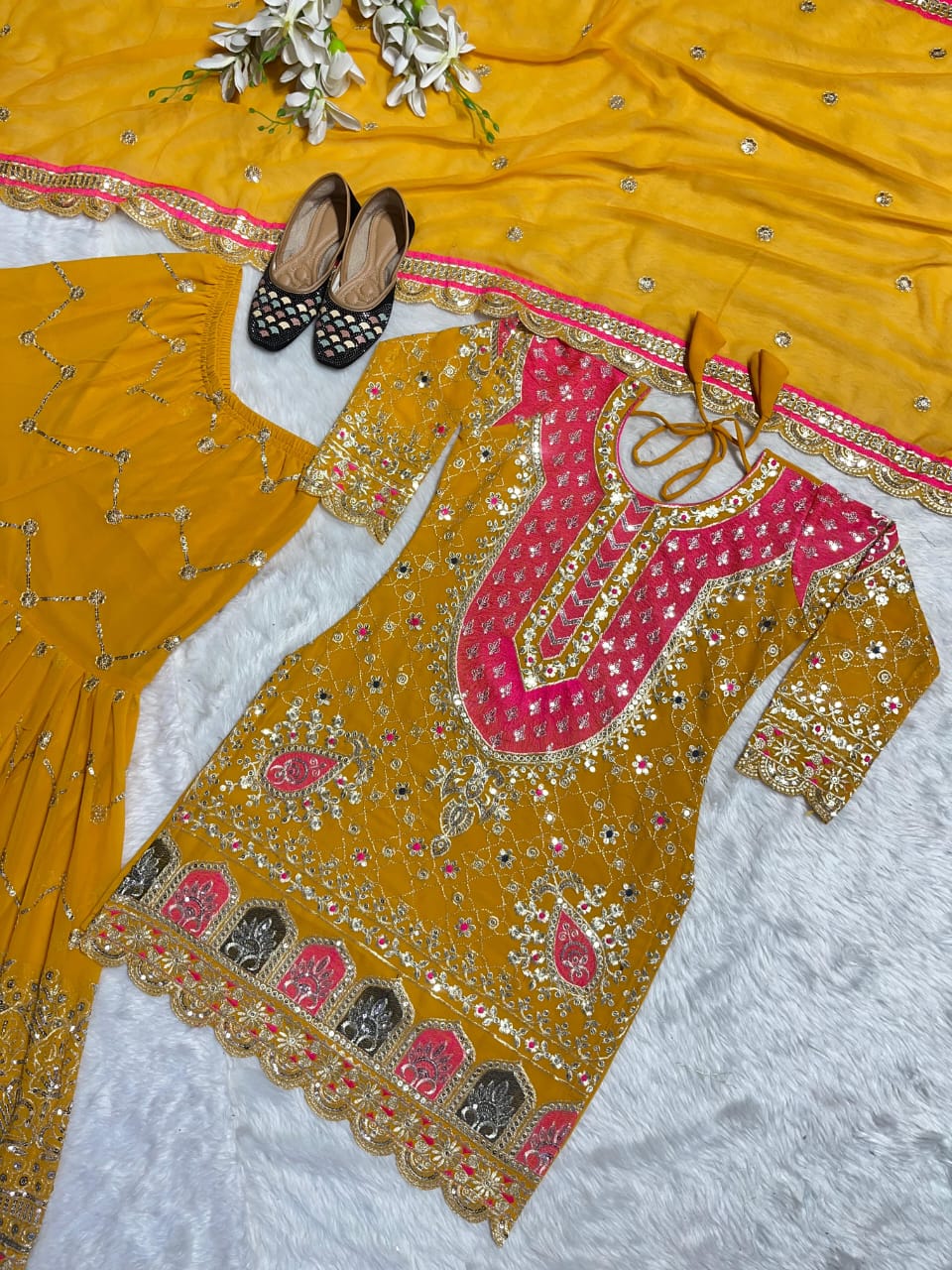 Mustard Embroidered Georgette Sharara Set with Fancy Dupatta