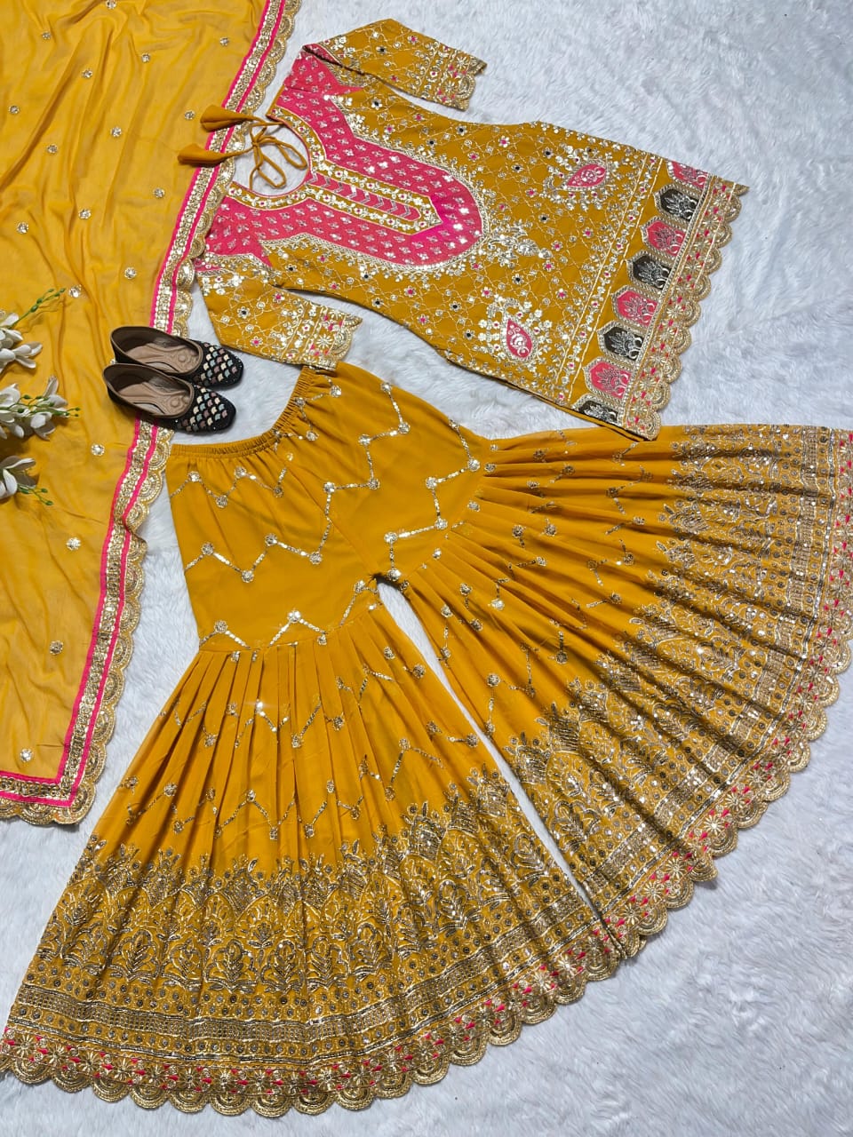 Mustard Embroidered Georgette Sharara Set with Fancy Dupatta