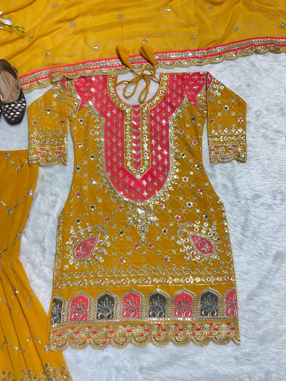 Mustard Embroidered Georgette Sharara Set with Fancy Dupatta