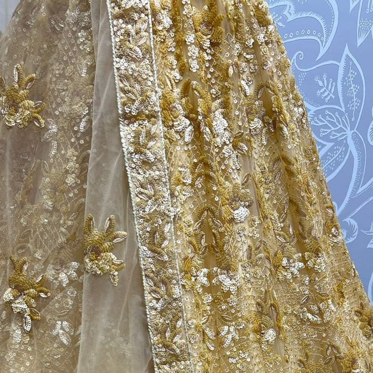 Yellow Gold Embroidered Zari Work Lehenga for Bridal or Luxe Events