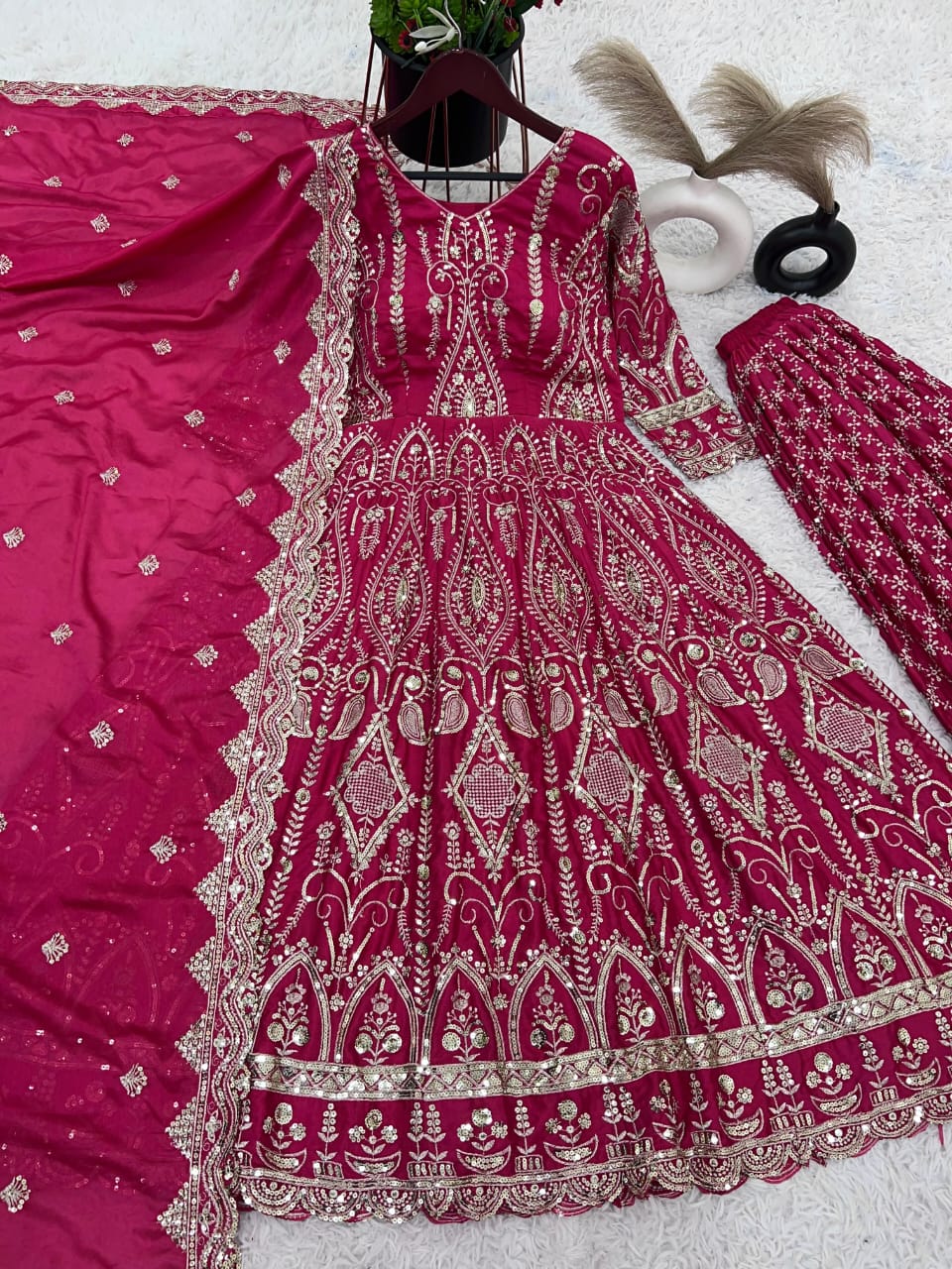 Heavily Embroidered Pink Anarkali Gown & Sharara Set with Dupatta β Party Wear | Sizes XL to XXL