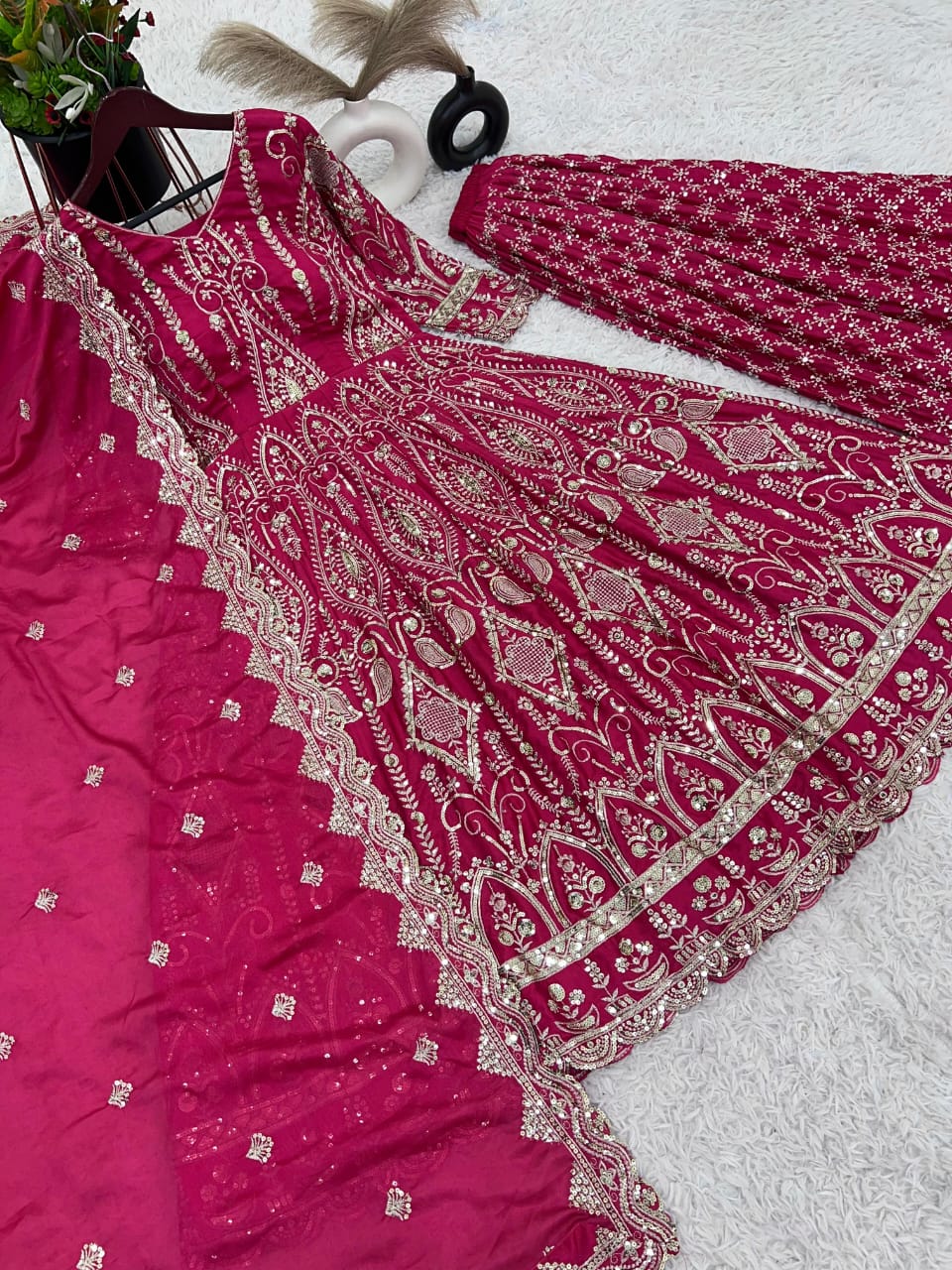 Heavily Embroidered Pink Anarkali Gown & Sharara Set with Dupatta β Party Wear | Sizes XL to XXL