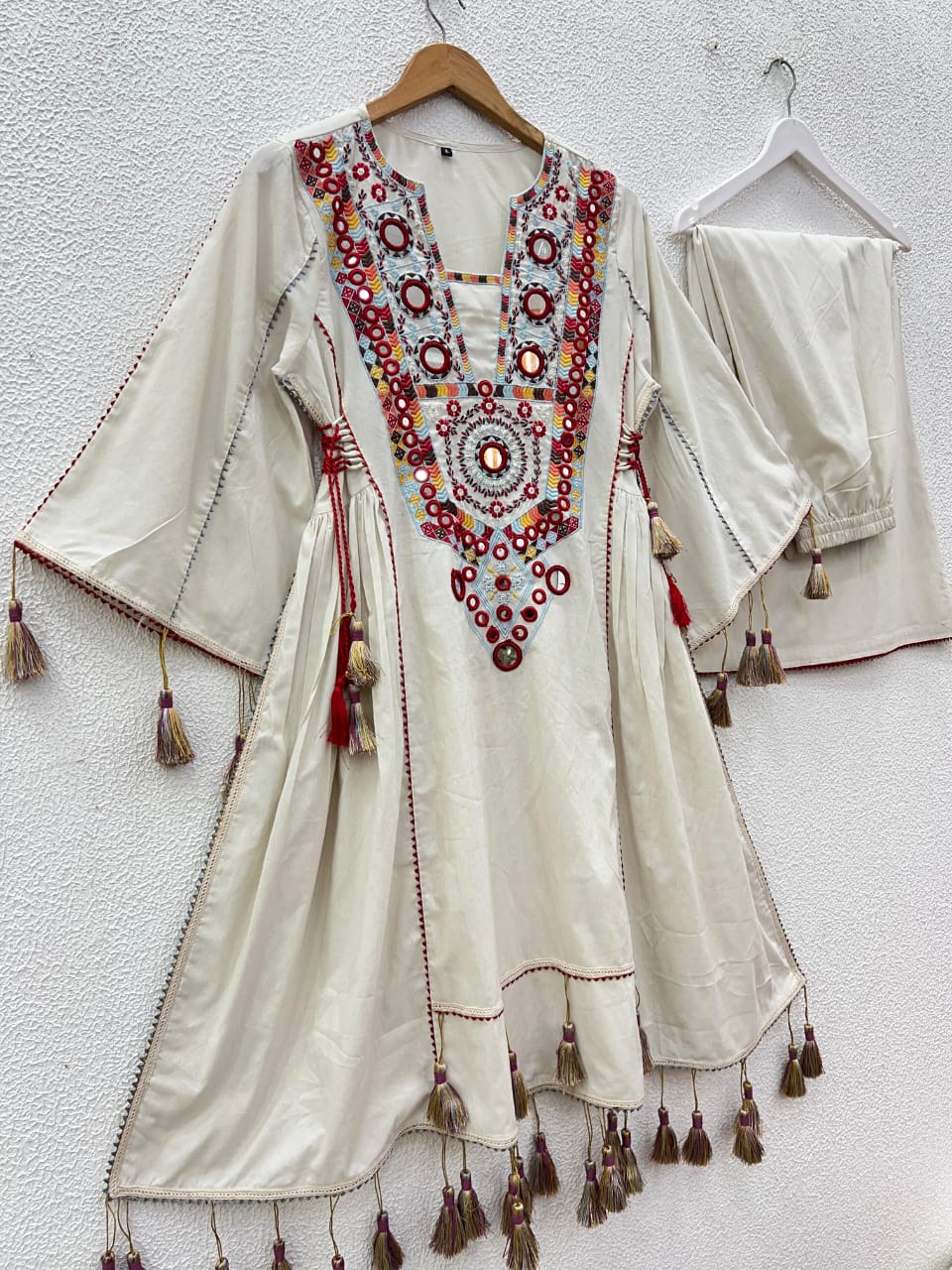 White Premium Khadi Cotton Co-ord Set with Embroidery & Mirror Work- Sizes XS to 5XL
