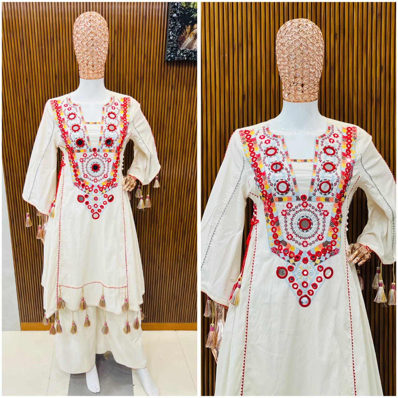 White Premium Khadi Cotton Co-ord Set with Embroidery & Mirror Work- Sizes XS to 5XL