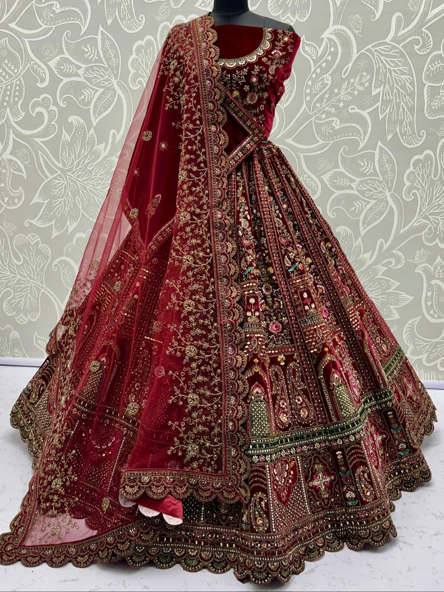 Regal Maroon Bridal Lehenga with Green & Pink Accents | Heavy Embellished Double Dupatta Set