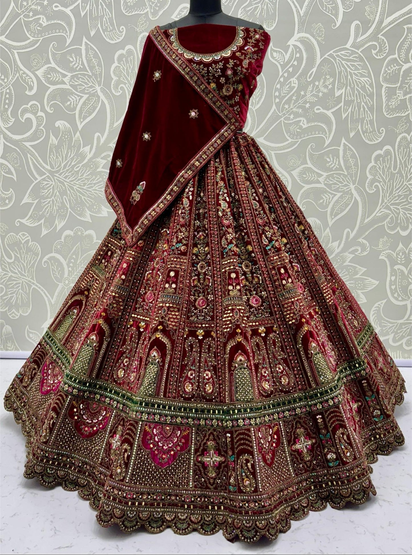 Regal Maroon Bridal Lehenga with Green & Pink Accents | Heavy Embellished Double Dupatta Set