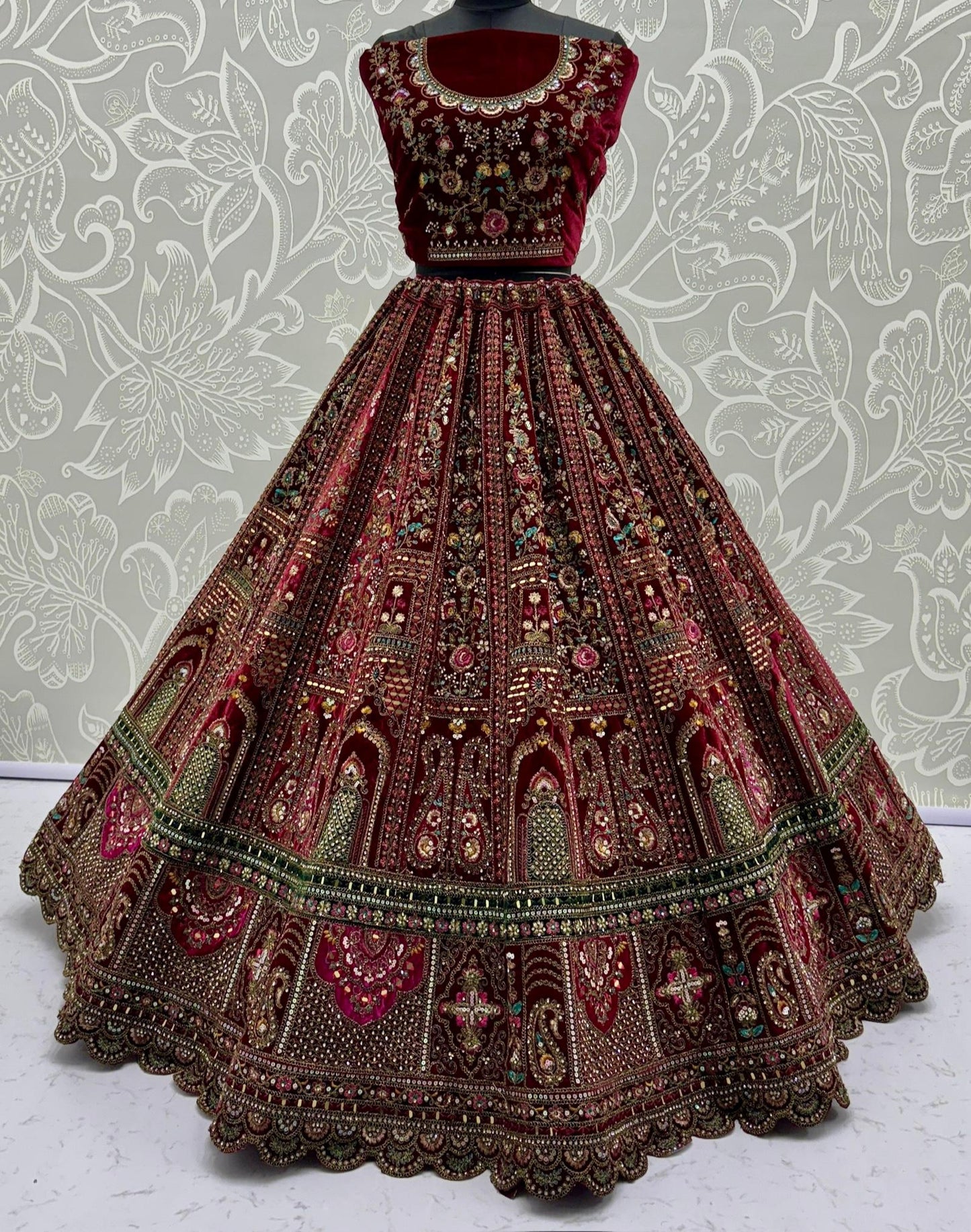 Regal Maroon Bridal Lehenga with Green & Pink Accents | Heavy Embellished Double Dupatta Set
