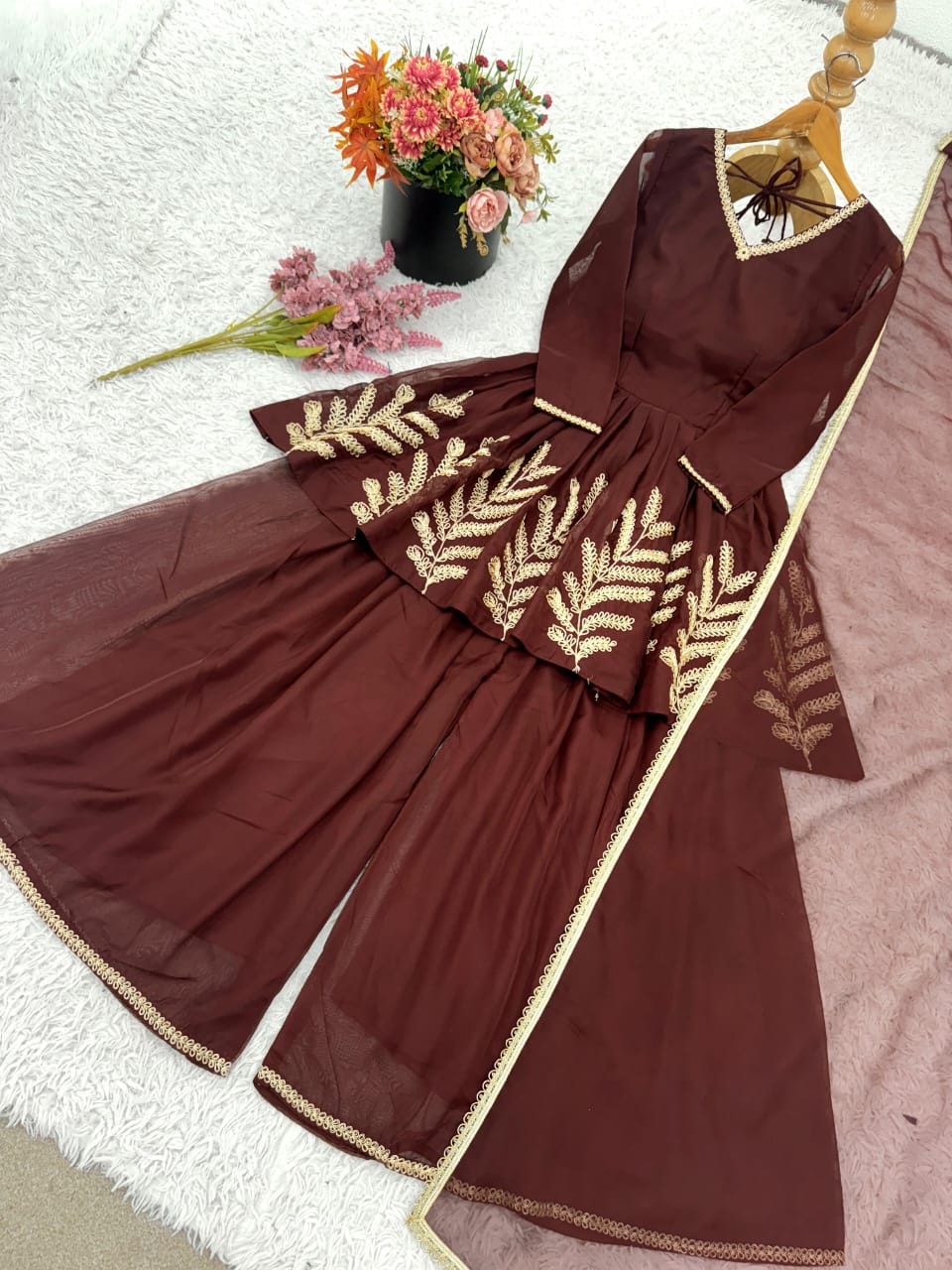 Brown Embroidered Punjabi Set β Fully Stitched Partywear (Sizes S to XXL)