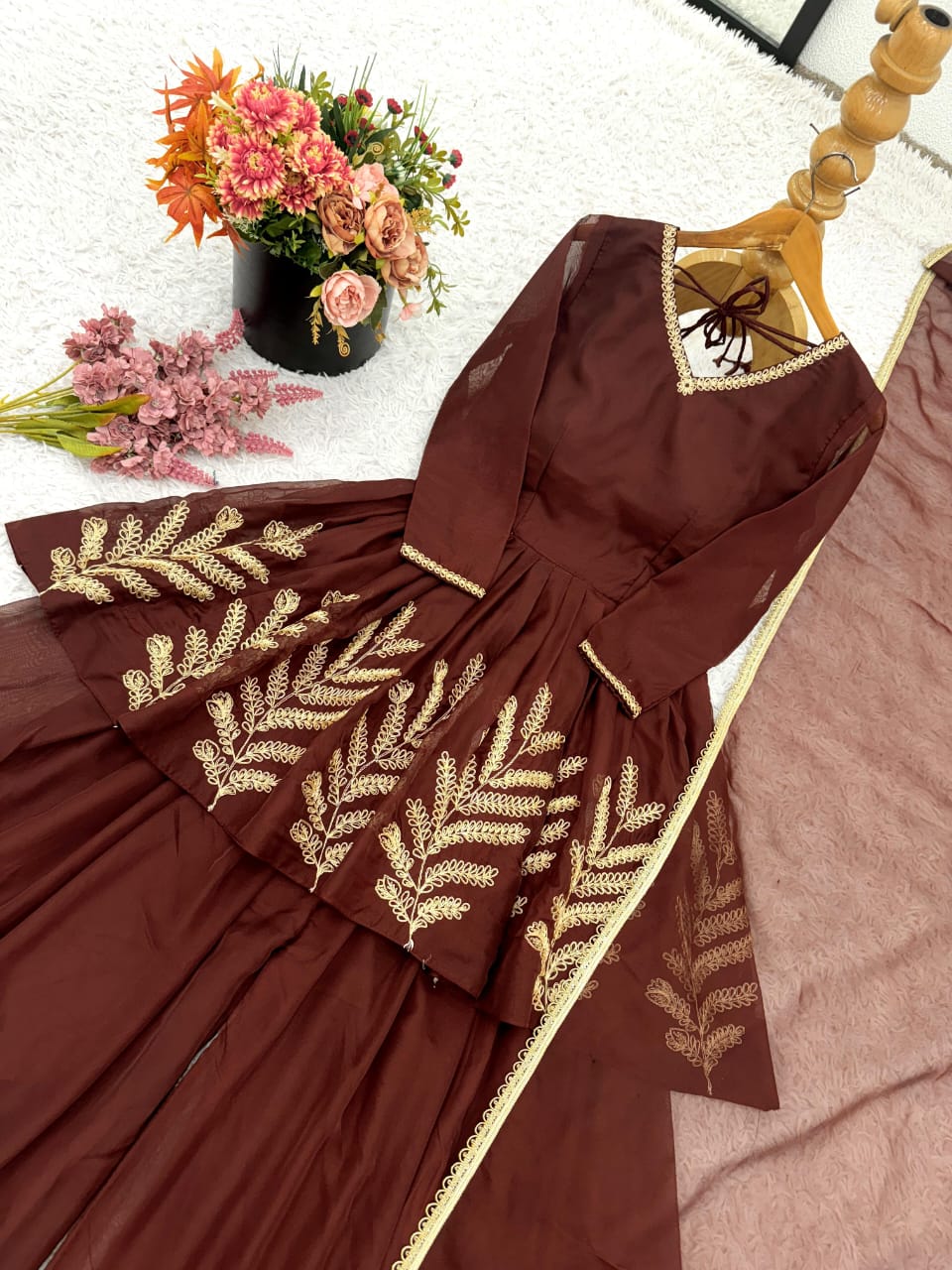 Brown Embroidered Punjabi Set β Fully Stitched Partywear (Sizes S to XXL)