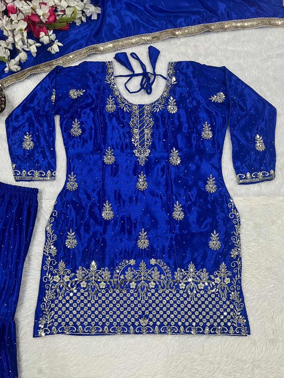 Blue & Gold Chinon Silk Sharara Set with Sequin Embroidery β Partywear, Fully Stitched (Sizes S to XXL)