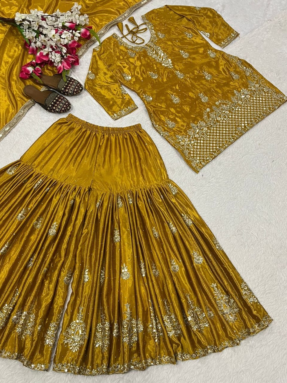 Blue & Gold Chinon Silk Sharara Set with Sequin Embroidery β Partywear, Fully Stitched (Sizes S to XXL)