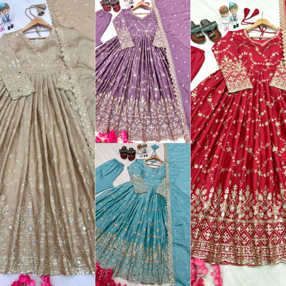 Blue, Red, Beige and Purple Luxe Anarkali Gown Set with Mirror & Sequin Embroidery