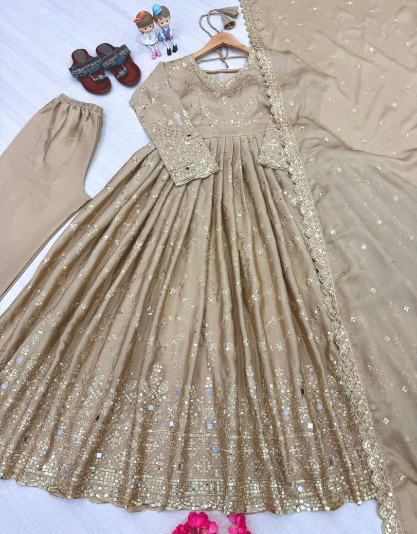 Blue, Red, Beige and Purple Luxe Anarkali Gown Set with Mirror & Sequin Embroidery