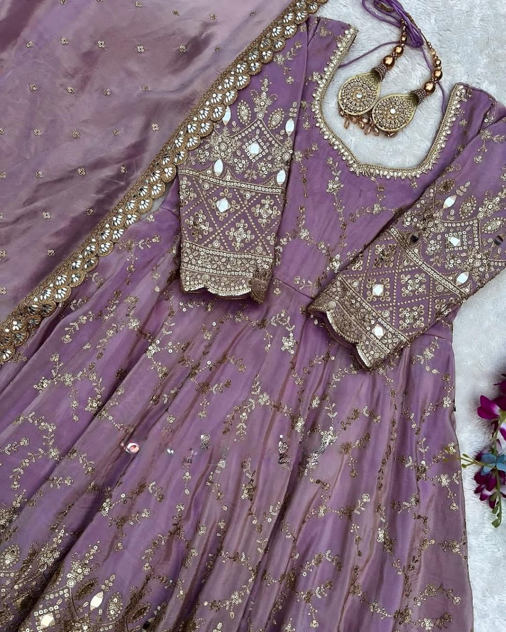 Blue, Red, Beige and Purple Luxe Anarkali Gown Set with Mirror & Sequin Embroidery