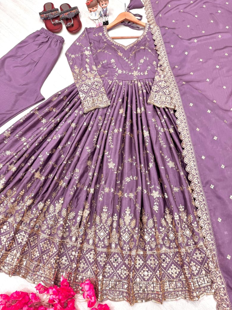 Blue, Red, Beige and Purple Luxe Anarkali Gown Set with Mirror & Sequin Embroidery