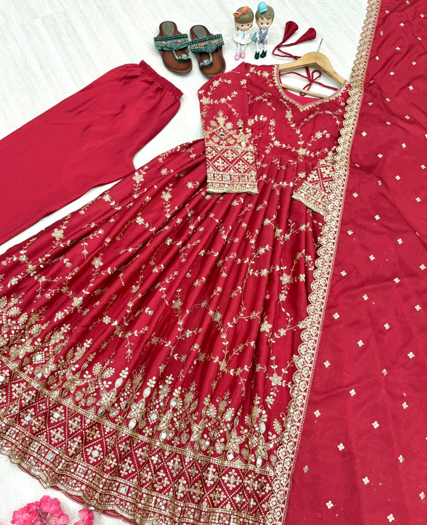 Blue, Red, Beige and Purple Luxe Anarkali Gown Set with Mirror & Sequin Embroidery
