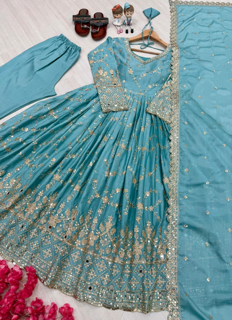 Blue, Red, Beige and Purple Luxe Anarkali Gown Set with Mirror & Sequin Embroidery
