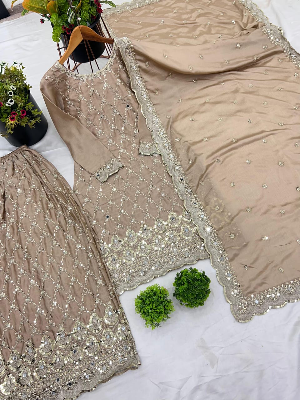 Champagne Chinnon Silk Sharara Set with Mirror & Sequin Handwork